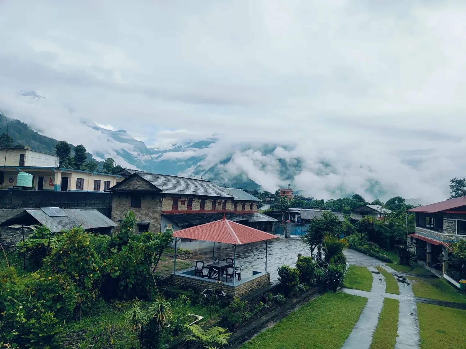 The Annapurna range and Machhapuchhre seen from Bodhidham Ashram in Ghachowk, Pokhara, Nepal